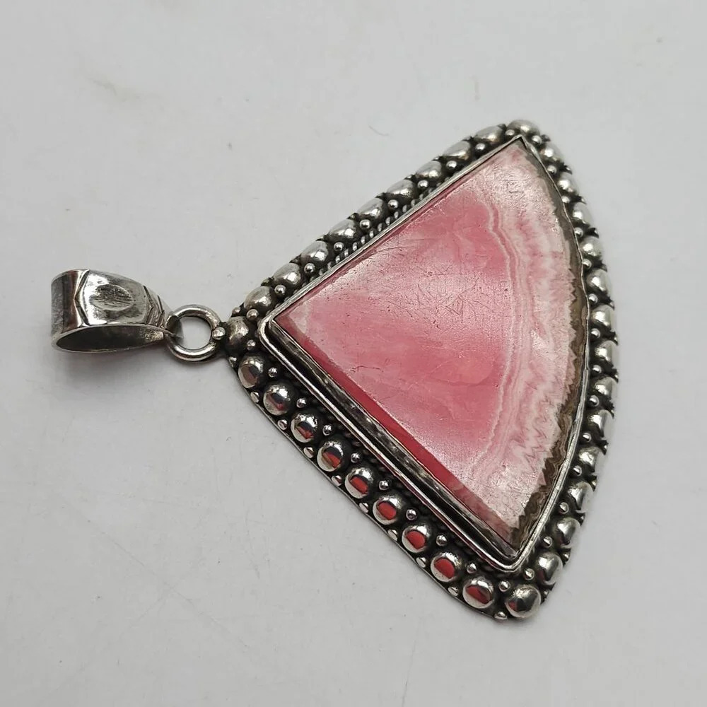 Sterling Silver Pink Rhodochrosite Triangular Pendant 2.5 Inch - Picture 2 of 7